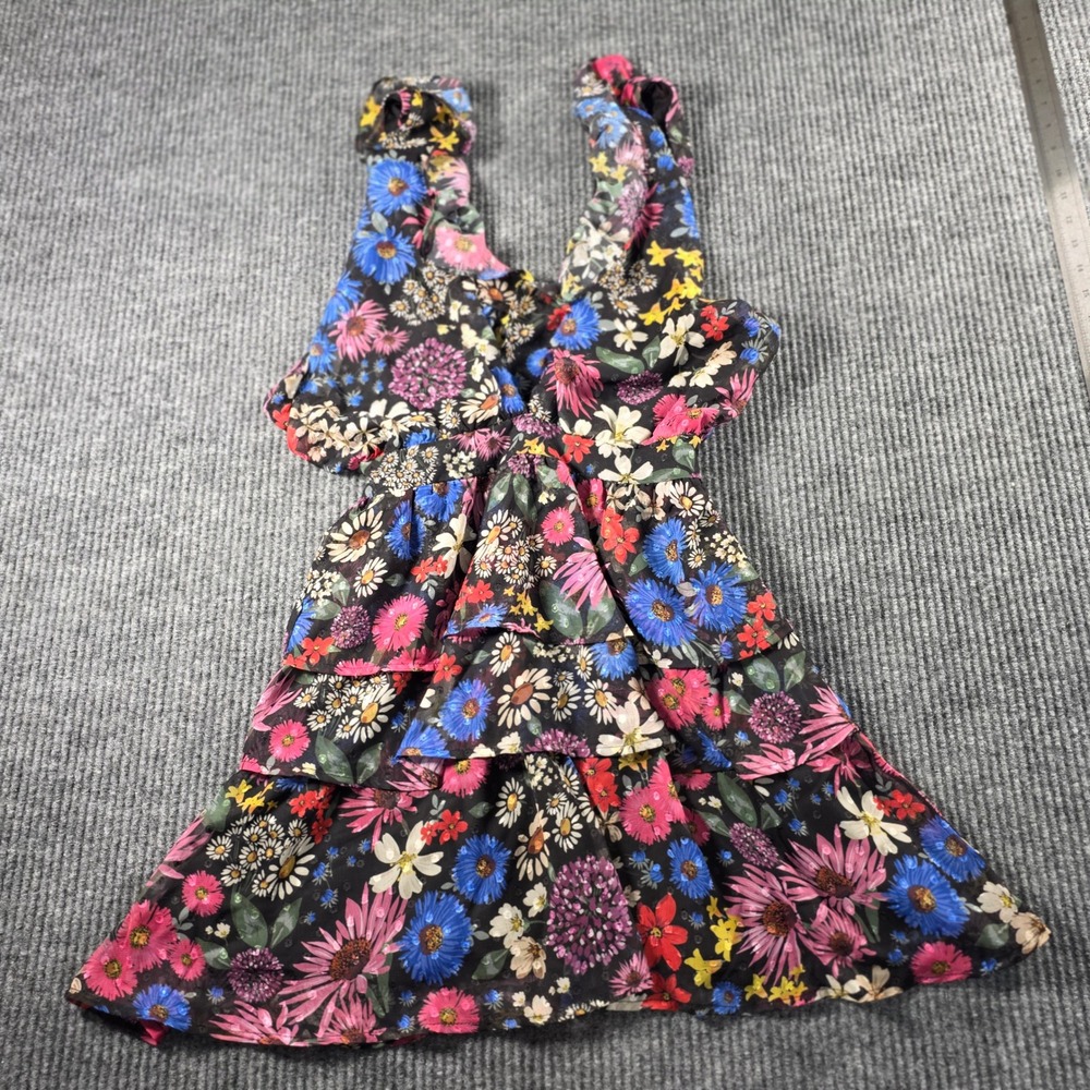 Spring + Mercer Floral Ruffle Mini Dress Black Multi V-Neck Tiered Sleeveless XS